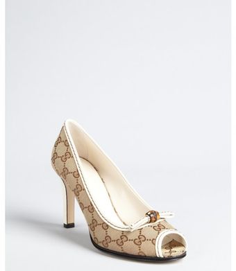  Beige Gg Fabric Bamboo Lace Midheel Peep Toe Pumps 