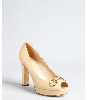  Beige Leather Horsebit Peep Toe Platform Pumps 