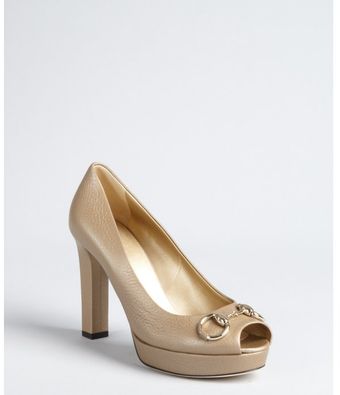  Champagne Leather Horsebit Peep Toe Platform Pumps 