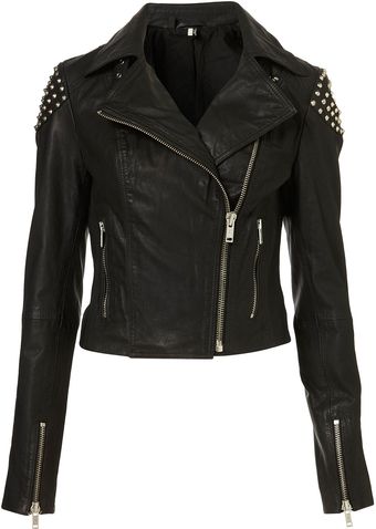 Topshop Skull Studded Leather Biker Jacket - Lyst