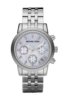 Michael Kors Midsize Silver Color Stainless Steel Ritz Chronograph Glitz Watch - Lyst