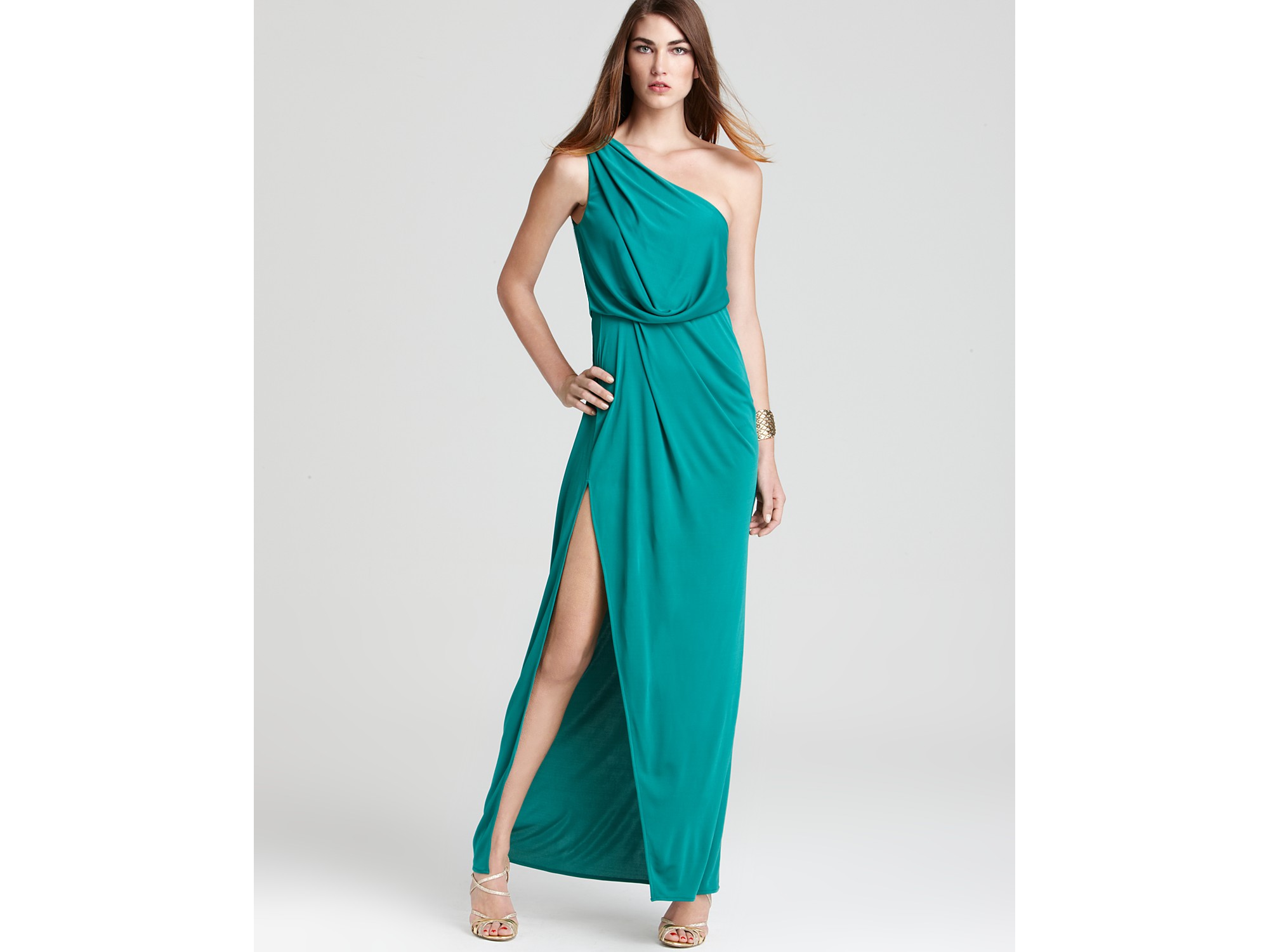 bcbgmaxazria one shoulder cut out gown