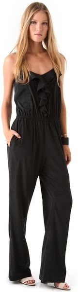 Dkny V Neck Ruffle Jumpsuit in Black - Lyst