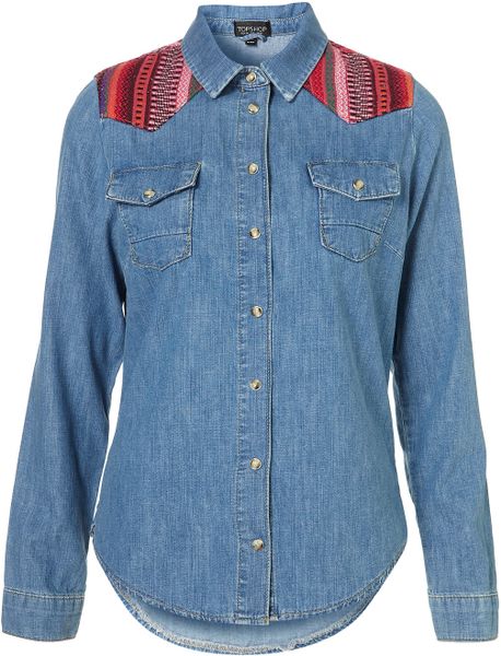 Topshop Tapestry Yoke Denim Shirt in Blue (mid stone) - Lyst
