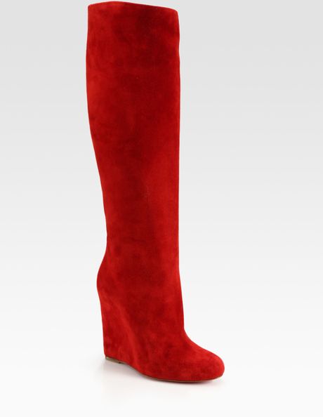 Christian Louboutin Suede Wedge Kneehigh Boots in Red - Lyst