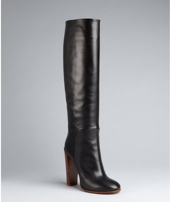 Celine Black Leather Stacked Heel Tall Boots - Lyst