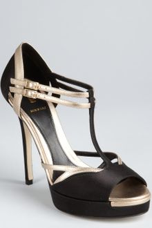 Fendi Black and Champagne Silk and Leather Strappy Platform Sandals - Lyst