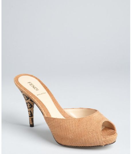 Fendi Light Brown Snake Embossed and Zucco Print Leather Peep Toe Mules in Brown - Lyst