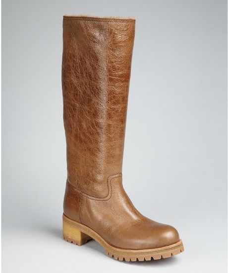 Prada Prada Sport Camel Leather Shearling Lined Lugg Boots in Brown (camel) - Lyst