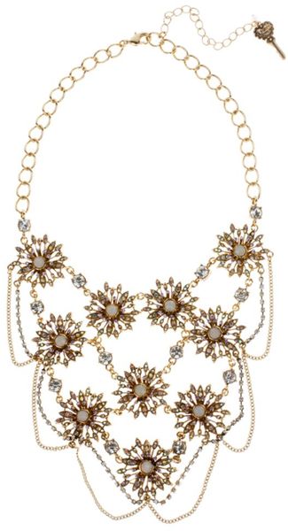 Betsey Johnson Gold Tone Multi Flower Link Frontal Statement Necklace - Lyst
