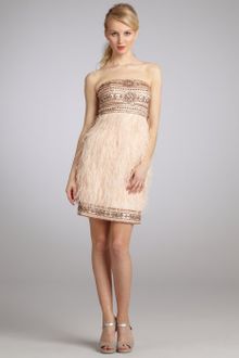 Sue Wong Sandalwood Pink Beaded Satin and Ostrich Feather Strapless Party Dress - Lyst