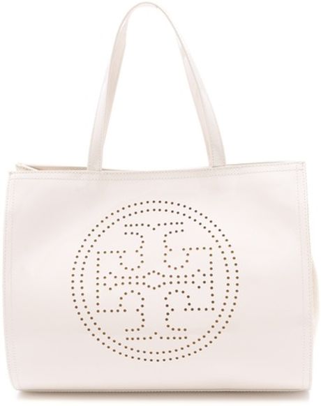 Tory Burch Perf Logo Small Tote in White (ivory) - Lyst