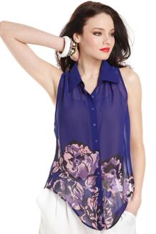 Guess Sleeveless Marina Floral Print Sheer Button Down Blouse - Lyst
