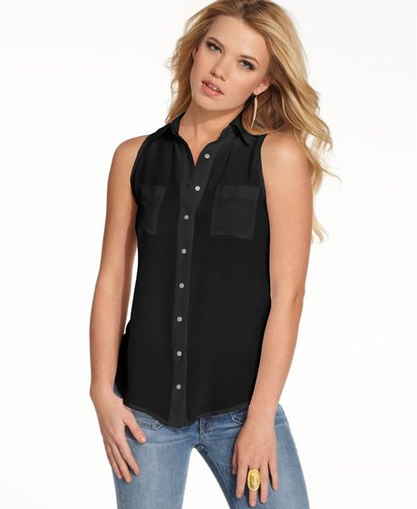 Guess Sleeveless Silk Simona Button Down Blouse in Black (jet black) - Lyst