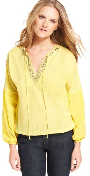 Michael Kors Longsleeve Splitneck Beaded Blouse in Yellow (denim) - Lyst