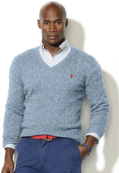 Ralph Lauren Cable Knit Silk V Neck Sweater in Blue for Men (dorian blue) - Lyst
