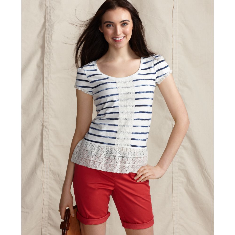 Tommy Hilfiger Short Sleeve Scoop Neck Striped Cotton Lace Tee in Gray