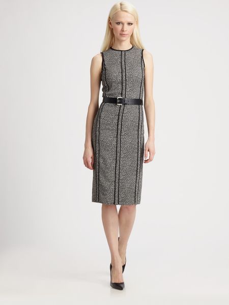 Michael Kors Belted Tweed Dress in Gray (black) - Lyst