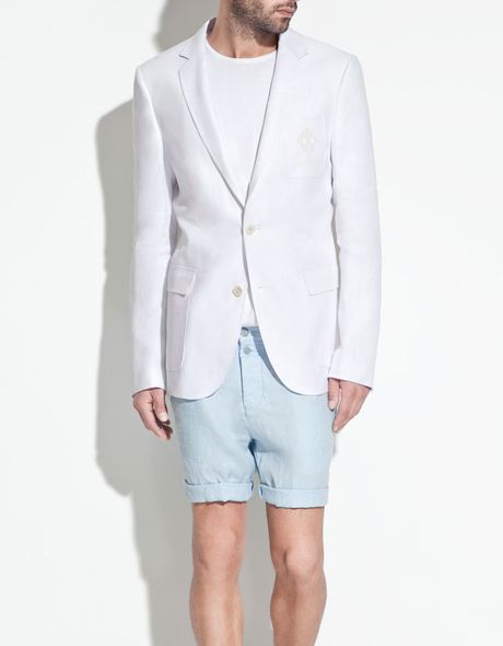 Zara Embroidered Linen Blazer in White for Men