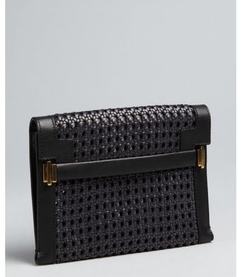  Black Woven Faux Leather Foldover Clutch 