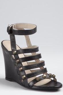 Balenciaga Black Leather Studded Cage Wedge Sandals - Lyst