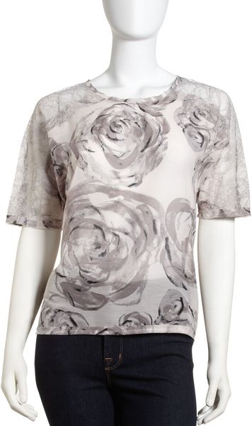 Bcbgmaxazria Lacesleeve Floral Top in Gray (light pear) - Lyst