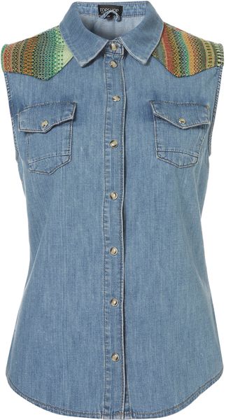 Topshop Sleeveless Tapestry Denim Shirt - Lyst