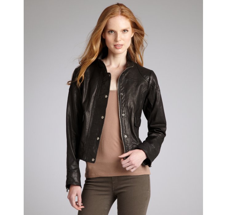 June Black Leather Snap Front Standing Collar Jacket in Black Lyst