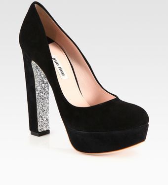  Suede and Glitter Platform Pumps 