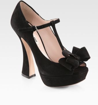  Suede Peep Toe T-strap Bow Pumps 