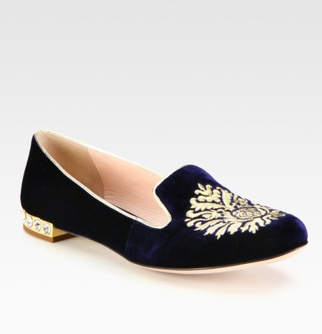 Miu Miu Velvet Jewel Smoking Slippers in Blue - Lyst