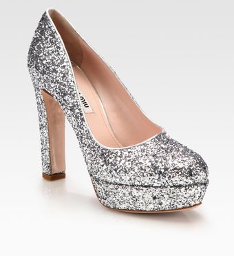Miu Miu Glitter Leather Platform Pumps - Lyst