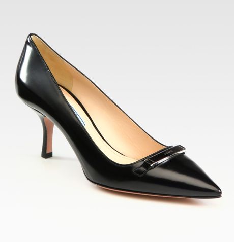 Prada Leather Point Toe Logo Pumps in Black - Lyst