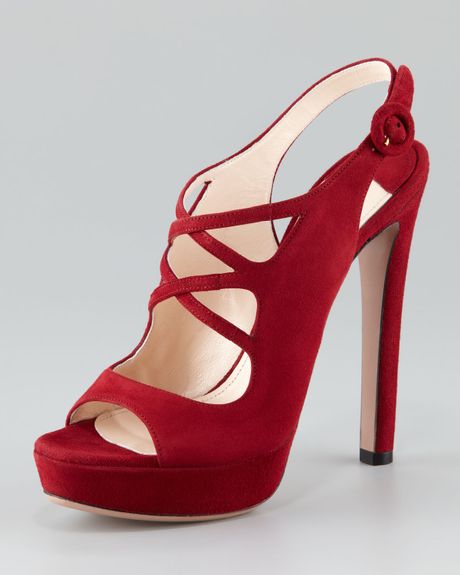 Prada Suede Crisscross Sandal in Red (ruby) - Lyst