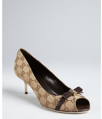  Beige Gg Canvas Bow Peep Toe Pumps 