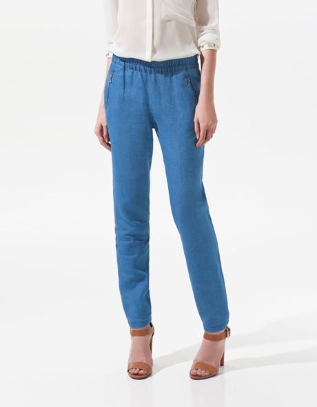 Zara Linen Trousers in Blue - Lyst