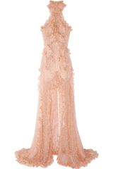 Alexander McQueen Ruffled Bead Embellished Chiffon and Lace Gown