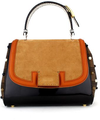  Tan Suede Plaid and Black Patent Silvana Bag 