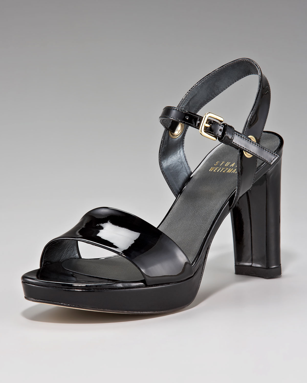 Stuart Weitzman Patent Leather Chunky Heel Sandal In Black Nude Lyst