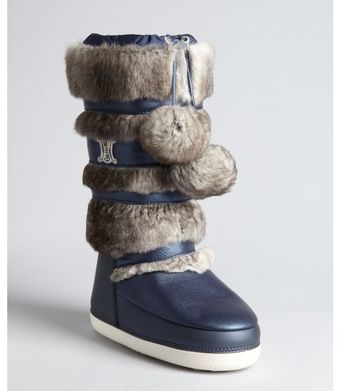 Celine Navy Leather and Fur Moon Boots - Lyst