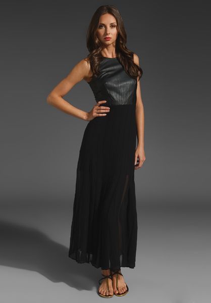 Shakuhachi Leather Chiffon Pleated Maxi Dress in Black - Lyst