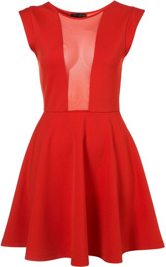 Topshop Red Mesh Insert Skater Dress - Lyst