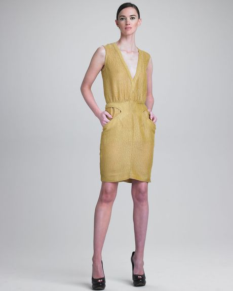Vera Wang Textured Gauze VNeck Sheath in Gold - Lyst