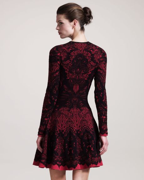 Alexander Mcqueen Printed Longsleeve Dress In Red Black Cherry Lyst 3471