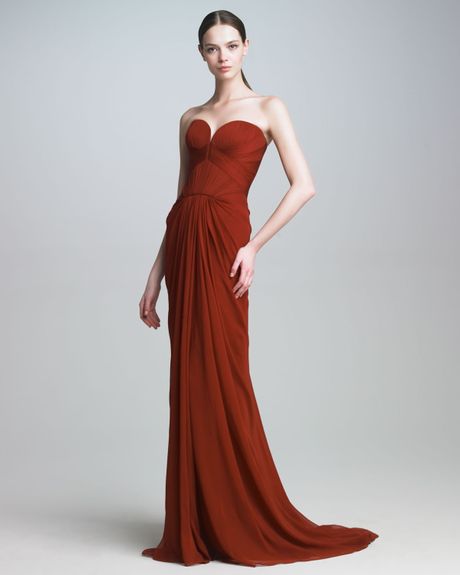 J. Mendel Silk Mousseline Strapless Gown in Brown - Lyst