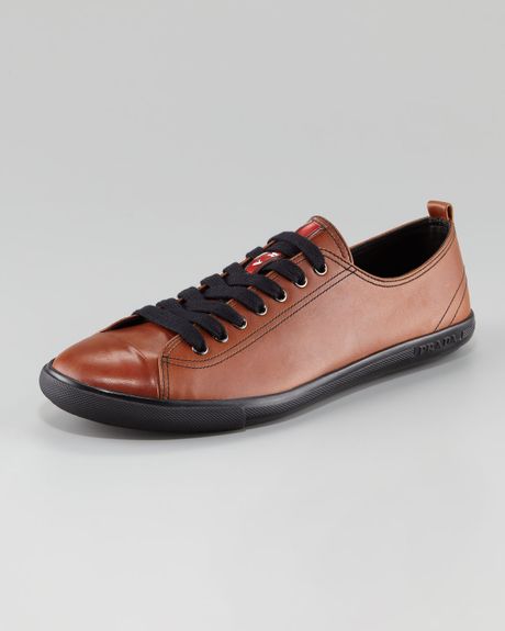Prada Leather Laceup Captoe Sneaker Brown in Brown for Men - Lyst