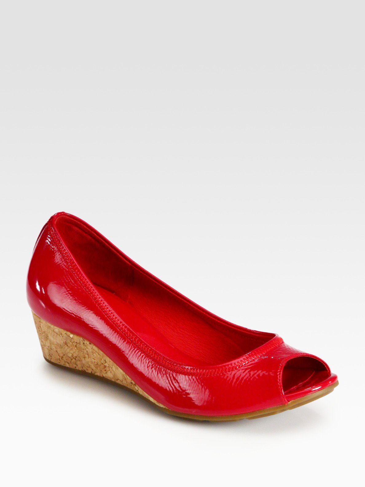 Cole Haan Air Tali Patent Leather Peep Toe Cork Wedge Pumps In Red Lyst