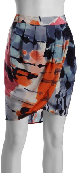 BCBGMAXAZRIA Blue Silk Pleated Wrap Front Skirt - Lyst