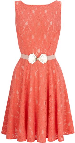Oasis Deco Belted Lace Fit and Flare Dress - Lyst