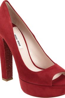 Miu Miu Glitter Embellished Peep Toe Pump - Lyst